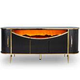 Consola TV cu semineu semiluna si spatii de depozitare Negru cu Auriu 190x45x80cm