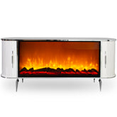 CONSOLA TV ALB & ARGINTIU CU SEMINEU SI SPATII DEPOZITARE 190x45x80cm