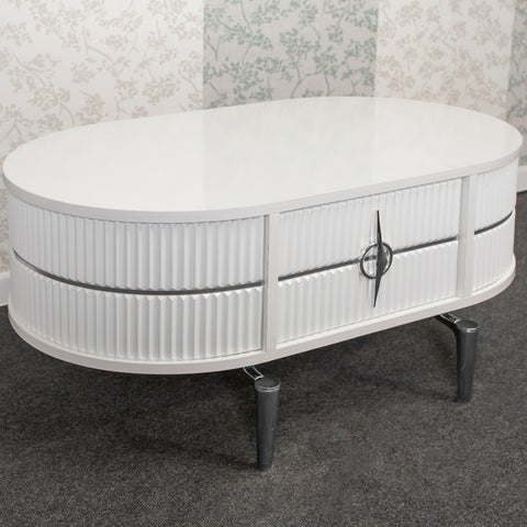 MASUTA CAFEA CU RIFLAJE SI 2 SERTARE, ALB & ARGINTIU - 105X60x47CM MASUTA CAFEA CU RIFLAJE SI 2 SERTARE, ALB & ARGINTIU - 105X60x47CM