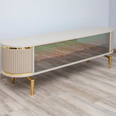 Comoda TV cu riflaje si semineu Bej/Auriu 150x35x50cm