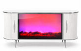 CONSOLA TV ALB & ARGINTIU CU SEMINEU SI SPATII DEPOZITARE 140x40x80 cm