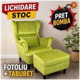 Fotoliu tapitat Lord, catifea lime + pernuta si taburet