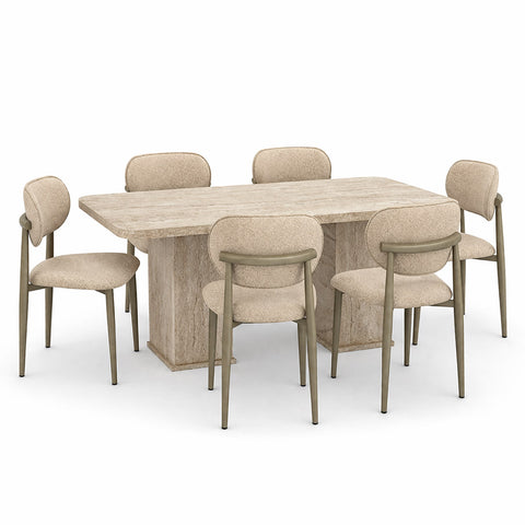 SET Masa dining ARIA 90x160 cm , BEJ TRAVERTIN si 6 scaune POLO