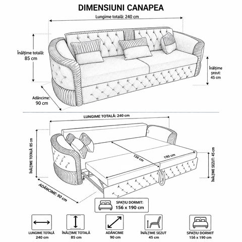 Canapea extensibila ANCOR 3 locuri, tapitata BEJ cu AURIU