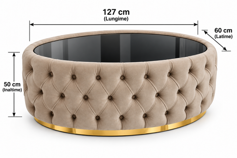 MĂSUȚĂ CAFEA OVALĂ TAPIȚATĂ 127 × 60 CM – CAPPUCCINO CU AURIU