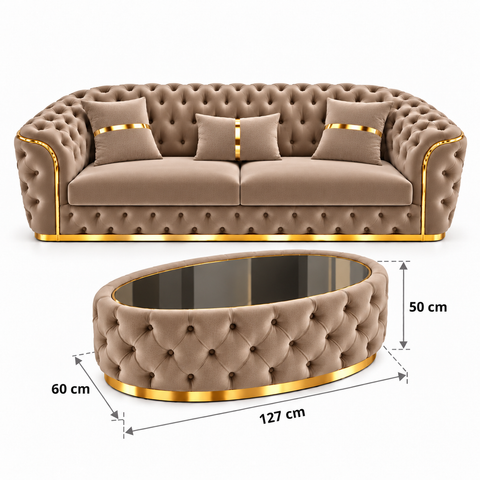 SET 3/1/1 CANAPEA PARIS 3 LOCURI + 2 FOTOLII PARIS SI MASUTA TAPITATA – CAPUCINO CU AURIU
