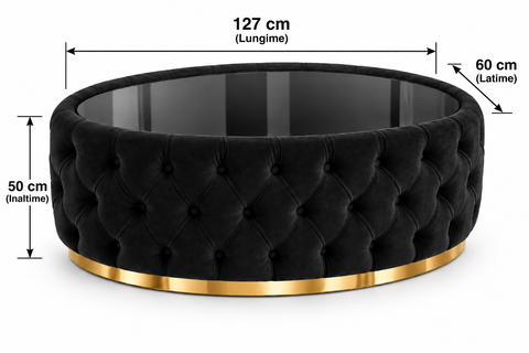 MĂSUȚĂ CAFEA OVALĂ TAPIȚATĂ 127 × 60 CM – NEAGRĂ CU AURIU