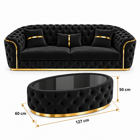 SET 3/1/1 CANAPEA PARIS 3 LOCURI + 2 FOTOLII PARIS SI MASUTA TAPITATA – NEGRU CU AURIU