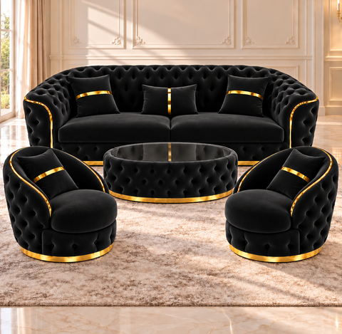 SET 3/1/1 CANAPEA PARIS 3 LOCURI + 2 FOTOLII PARIS SI MASUTA TAPITATA – NEGRU CU AURIU