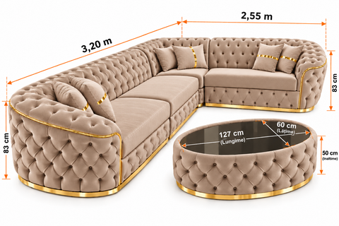 COLȚAR EXTENSIBIL PARIS 320 × 255 CM – FIX, CAPUCINO CU AURIU + MĂSUȚĂ TAPIȚATĂ
