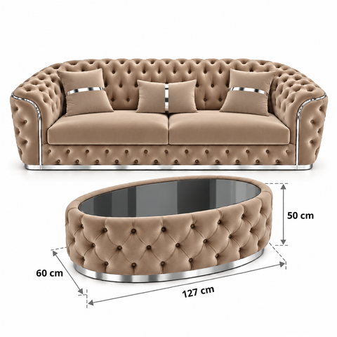 SET 3/1/1 CANAPEA PARIS 3 LOCURI + 2 FOTOLII PARIS SI MASUTA TAPITATA – CAPUCINO CU ARGINTIU