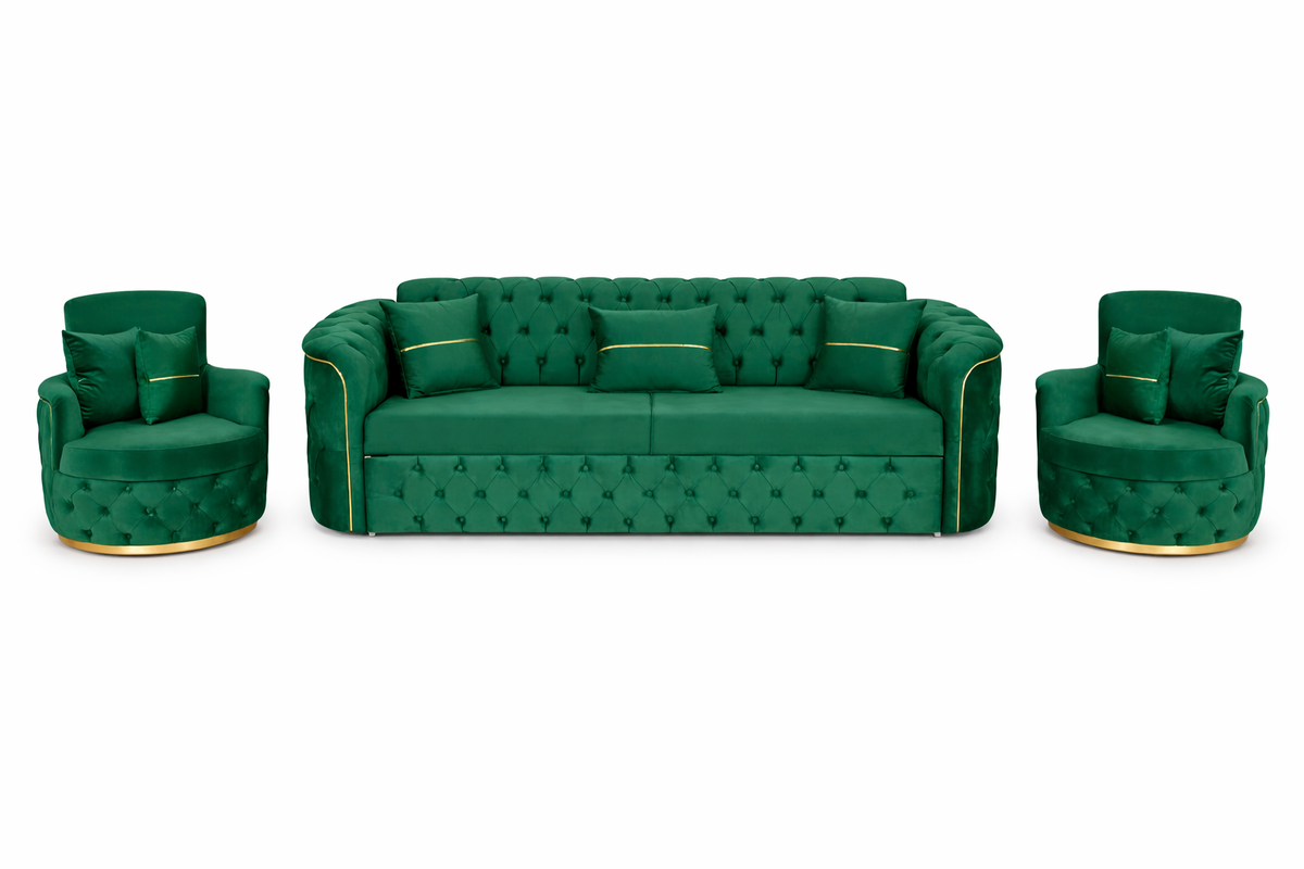 SET 3/1/1 CANAPEA EXTENSIBILA CU 2 FOTOLII PARIS, Catifea Verde smarald