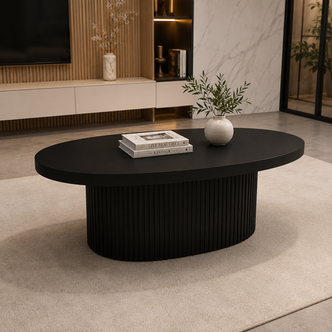 MASUTA CAFEA OVALA CU RIFLAJE NEGRU 120x60x40cm