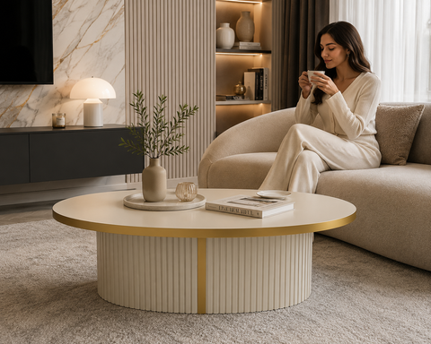 MASUTA CAFEA OVALA CU RIFLAJE CAPUCINO & AURIU  120x60x40cm