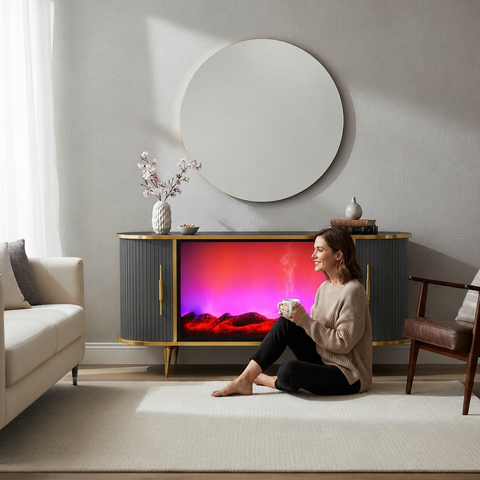 CONSOLA TV ANTRACIT & AURIU CU SEMINEU SI SPATII DEPOZITARE 140 x 40 x 80 cm
