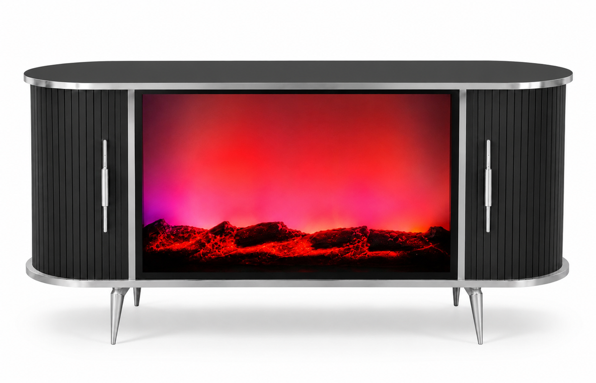CONSOLA TV NEGRU & ARGINTIU CU SEMINEU SI SPATII DEPOZITARE 140 x 40 x 80 cm