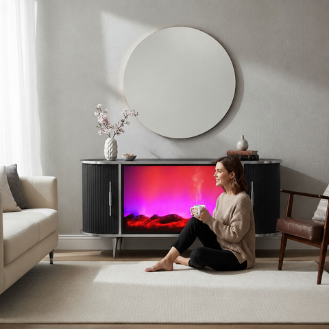 CONSOLA TV NEGRU & ARGINTIU CU SEMINEU SI SPATII DEPOZITARE 140 x 40 x 80 cm