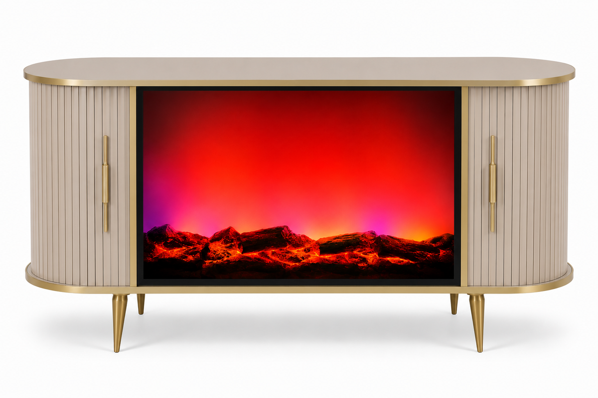 CONSOLA TV CAPUCINO & AURIU ANTIC CU SEMINEU SI SPATII DEPOZITARE 140 x 40 x80 cm