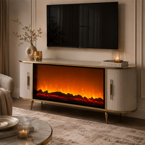 CONSOLA TV CAPUCINO & AURIU ANTIC CU SEMINEU SI SPATII DEPOZITARE 190x45x80cm