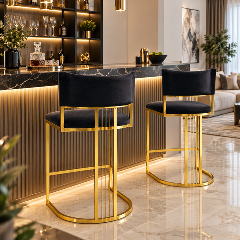 SCAUN BAR NORA - METAL AURIU , CATIFEA NEAGRA
