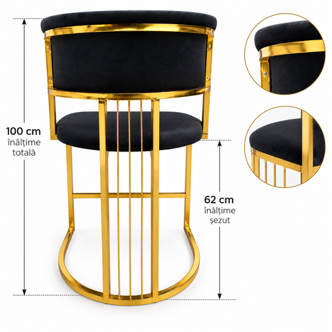 SCAUN BAR NORA - METAL AURIU , CATIFEA NEAGRA
