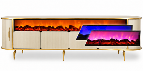 CONSOLA TV XXL BEJ & AURIU CU SEMINEU SI SPATII DEPOZITARE 270x45x80cm