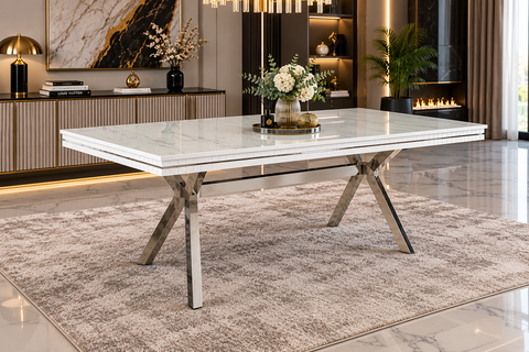 MASĂ DINING OSCAR CU PICIOR METALIC ARGINTIU – 180 / 210 / 240 × 90 cm