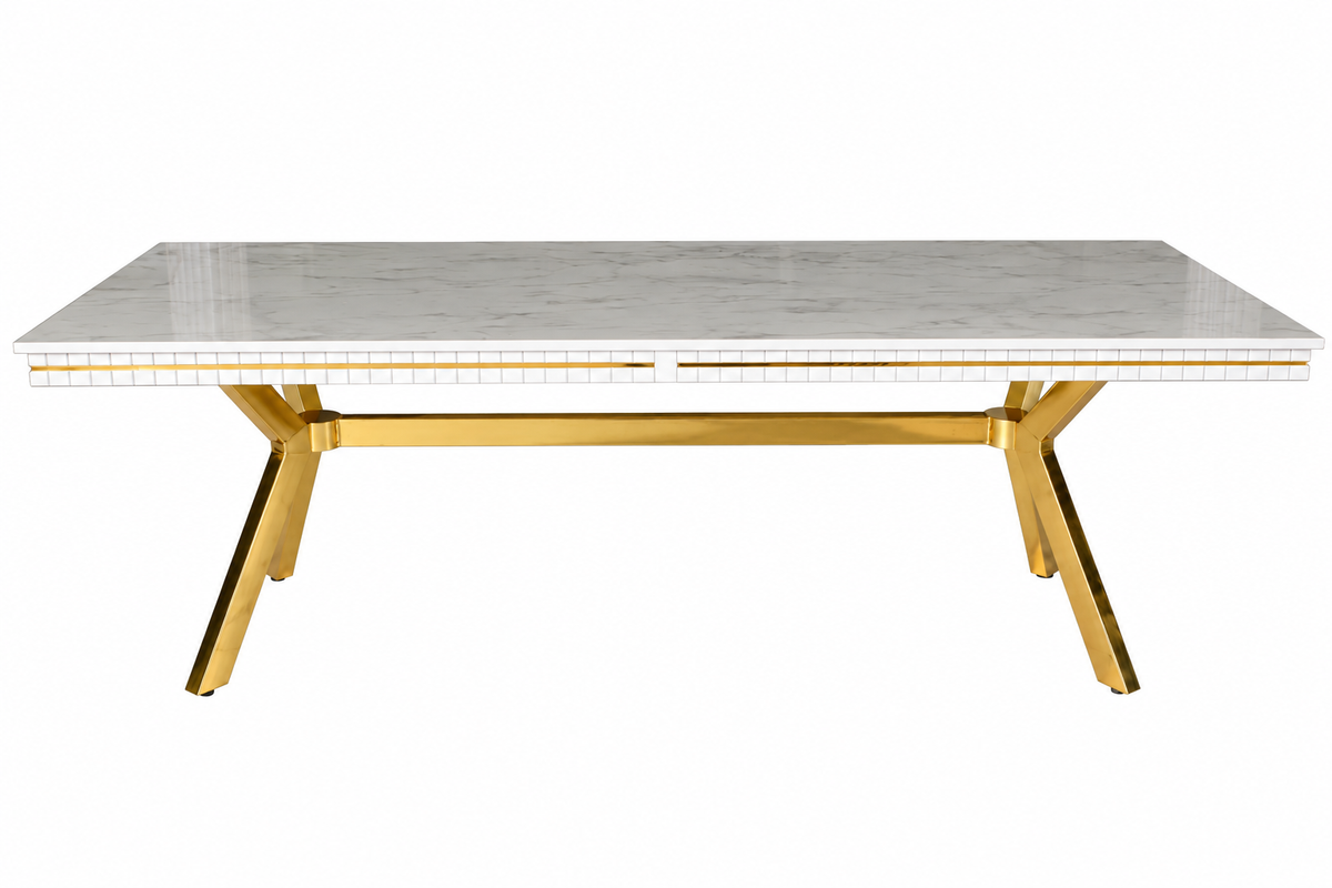 MASĂ DINING OSCAR CU PICIOR METALIC AURIU – 180 / 210 / 240 × 90 cm