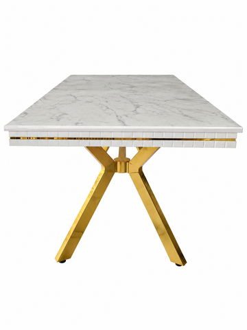 MASĂ DINING OSCAR CU PICIOR METALIC AURIU – 180 / 210 / 240 × 90 cm
