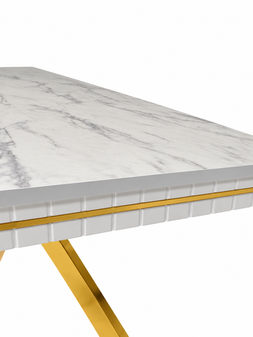 MASĂ DINING OSCAR CU PICIOR METALIC AURIU – 180 / 210 / 240 × 90 cm