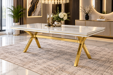 MASĂ DINING OSCAR CU PICIOR METALIC AURIU – 180 / 210 / 240 × 90 cm