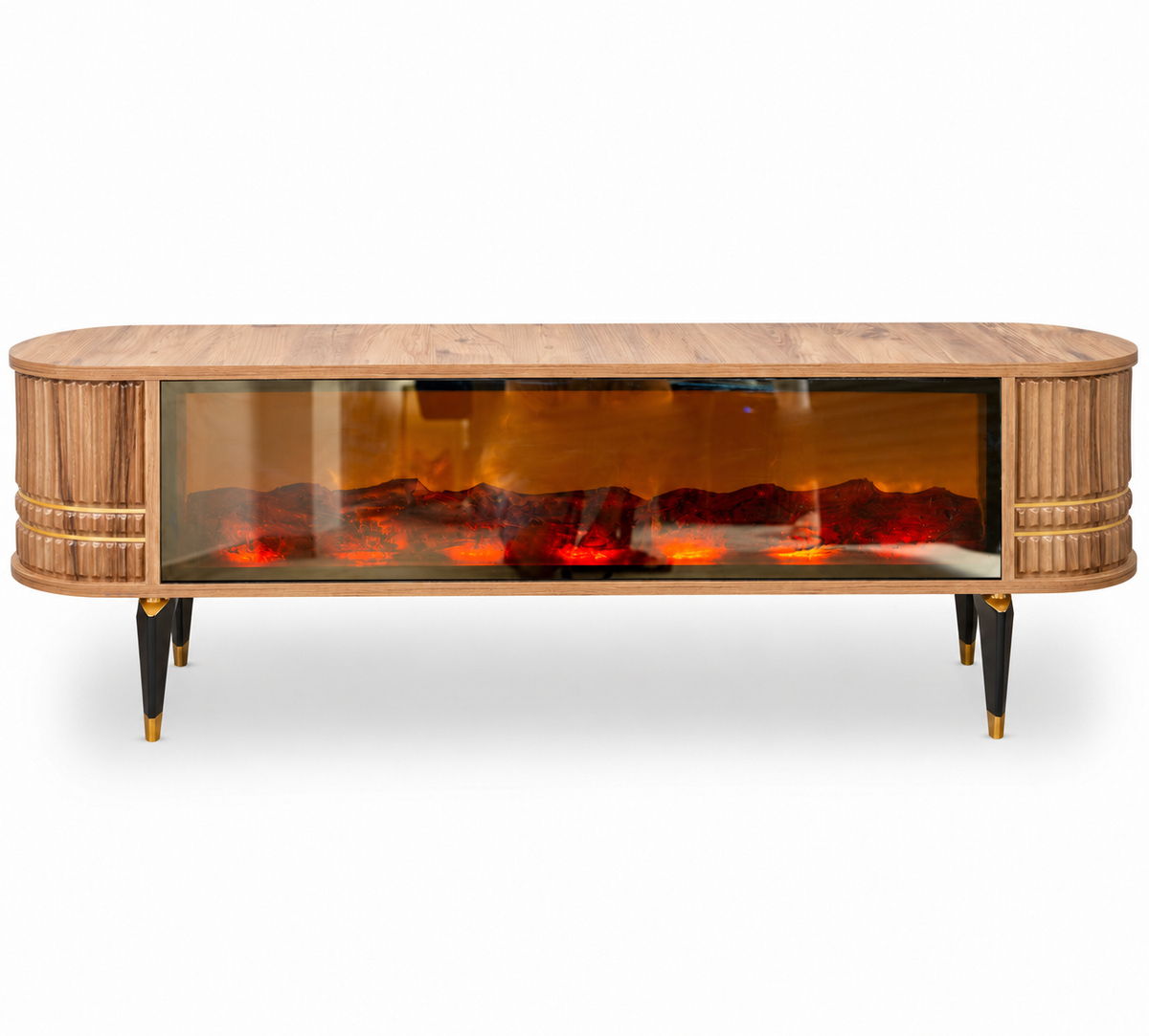 Comoda TV cu riflaje si semineu Lemn/Auriu 150x35x50cm