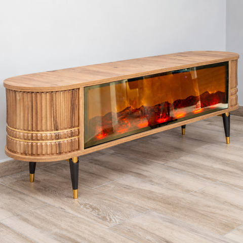 Comoda TV cu riflaje si semineu Lemn/Auriu 150x35x50cm