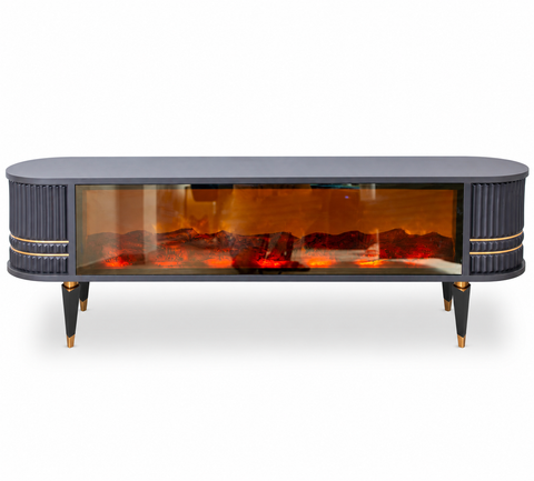 COMODA TV ANTRACIT & AURIU CU RIFLAJE SI SEMINEU 150x35x50cm