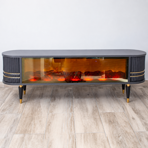 COMODA TV ANTRACIT & AURIU CU RIFLAJE SI SEMINEU 150x35x50cm