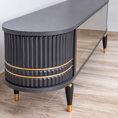 COMODA TV ANTRACIT & AURIU CU RIFLAJE SI SEMINEU 150x35x50cm