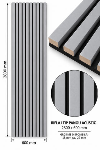 RIFLAJ TIP PANOU ACUSTIC GRI DIN MDF 2800 × 600 mm – 18 mm / 22 mm