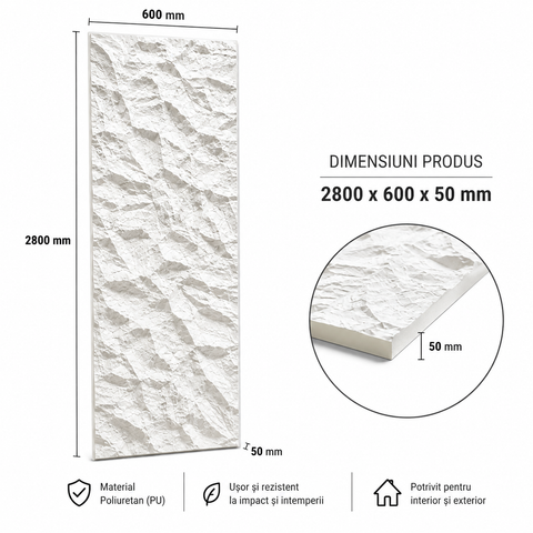 Panou decorativ 3D Stone-Rock Alb 2800x600x50mm
