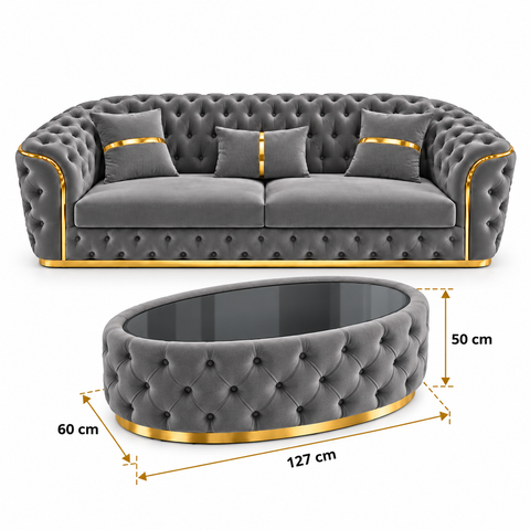 SET 3/1/1 CANAPEA PARIS 3 LOCURI + 2 FOTOLII PARIS SI MASUTA TAPITATA – GRI CU AURIU