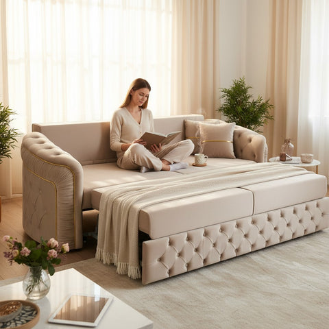 CANAPEA EXTENSIBILA PARIS II 3 LOCURI, BEJ CU AURIU