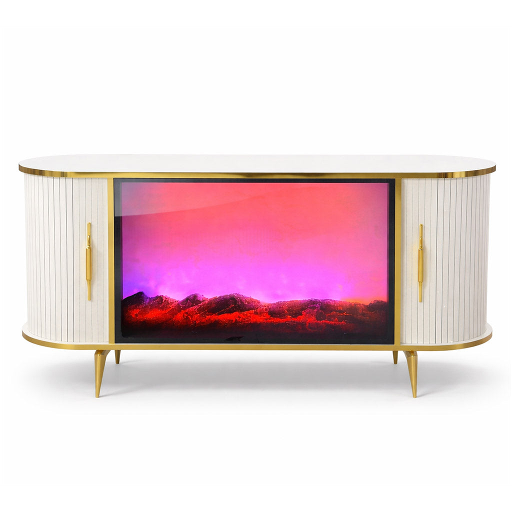 CONSOLA TV ALB & AURIU CU SEMINEU SI SPATII DEPOZITARE 140x40x80cm