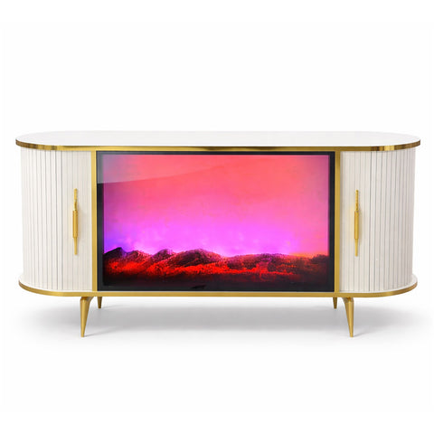 CONSOLA TV ALB & AURIU CU SEMINEU SI SPATII DEPOZITARE 140x40x80cm