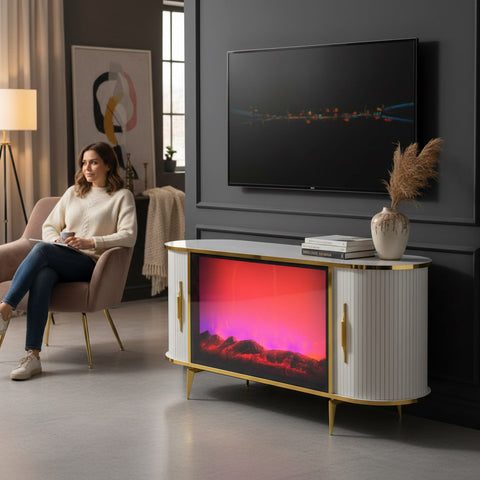 CONSOLA TV ALB & AURIU CU SEMINEU SI SPATII DEPOZITARE 140x40x80cm