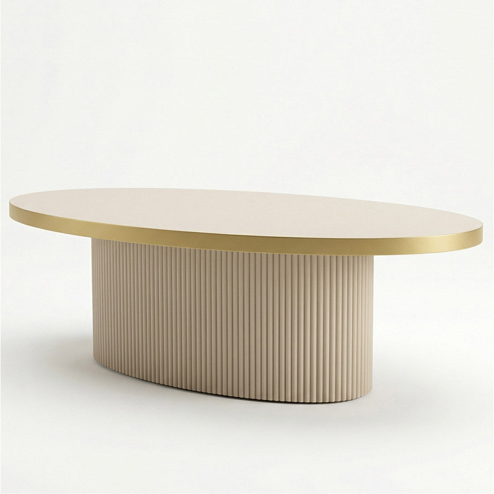 MASUTA CAFEA OVALA CU RIFLAJE BEJ & AURIU  120x60x40cm