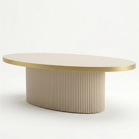 MASUTA CAFEA OVALA CU RIFLAJE BEJ & AURIU  120x60x40cm