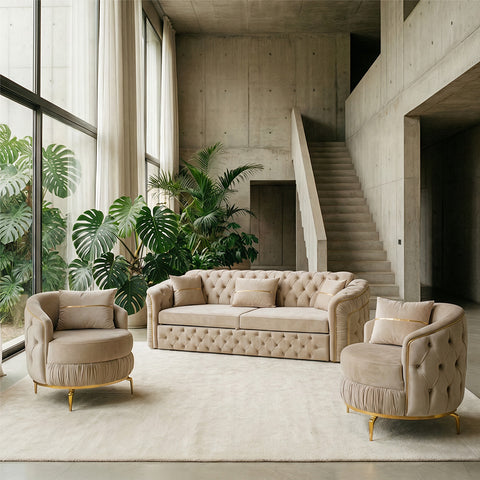 SET 3/1/1 CANAPEA EXTENSIBILA CU 2 FOTOLII PARIS II, Catifea BEJ