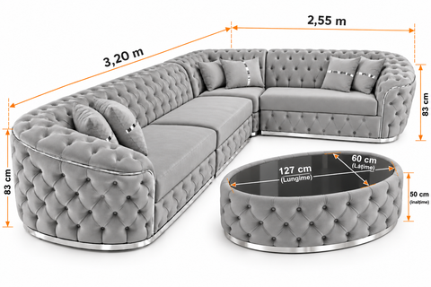 COLȚAR EXTENSIBIL PARIS 320 × 255 CM – FIX, GRI CU ARGINTIU + MĂSUȚĂ TAPIȚATĂ