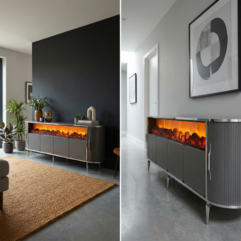 CONSOLA TV XXL ANTRACIT & ARGINTIU CU SEMINEU SI SPATII DEPOZITARE 275x45x80cm