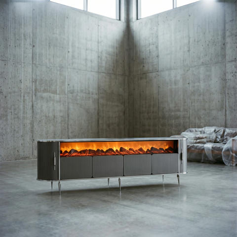 CONSOLA TV XXL ANTRACIT & ARGINTIU CU SEMINEU SI SPATII DEPOZITARE 275x45x80cm