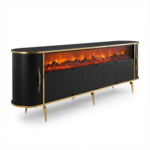 CONSOLA TV XXL NEGRU & AURIU CU SEMINEU SI SPATII DEPOZITARE 275x45x80cm